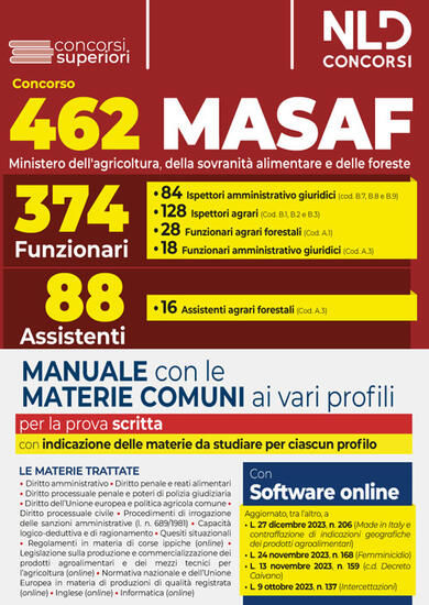Immagine di CONCORSO 462 MASAF   - 374 FUNZIONARI + 88 ASSISTENTI. MANUALE CON MATERIE COMUNI VARI PROFILI