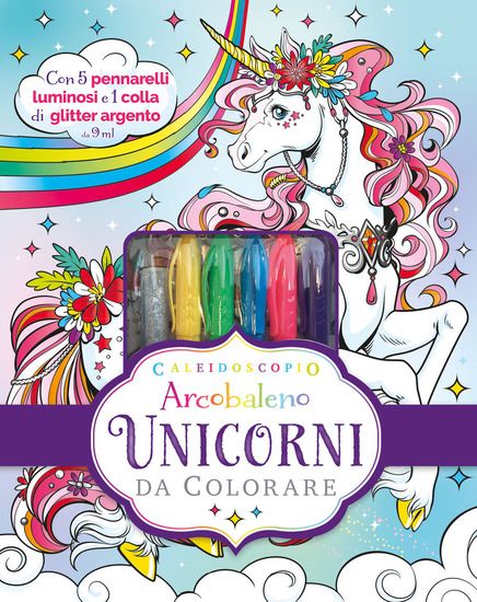 Immagine di CALEIDOSCOPIO ARCOBALENO. UNICORNI DA COLORARE. CON COLLA DI GLITTER. CON 5 PENNARELLI