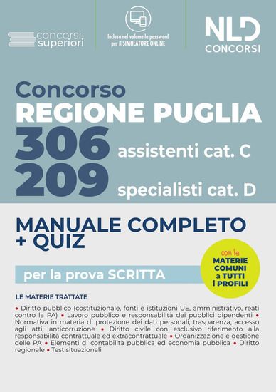 Immagine di CONCORSO REGIONE PUGLIA 2022: MANUALE COMPLETO. QUIZ 209 SPECIALISTI CAT. D. 306 ASSISTENTI CAT. C