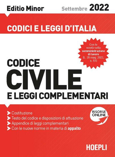 Immagine di CODICE CIVILE E LEGGI COMPLEMENTARI. SETTEMBRE 2022. EDITIO MINOR